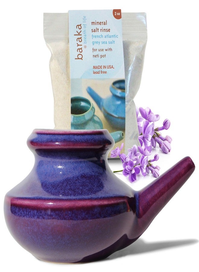 Baraka Neti Pot Tool Kit - Snoring & Saline Solution, Handcrafted Ceramic Dishwasher Safe with 2oz Mineral Sea Salt for Nose Cleaning & Sinus Rinse Perfect for Allergy Relief in Adults & Kids (Purple) - Image 1